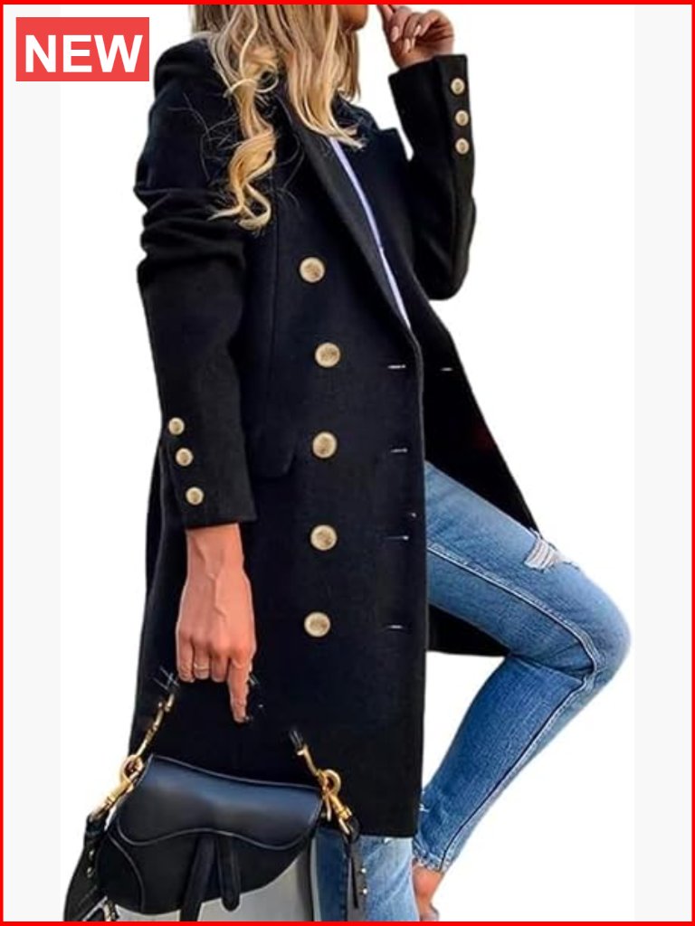 Double Breasted Wool Peacoat Long Trench Coat Midi Office Work Coat